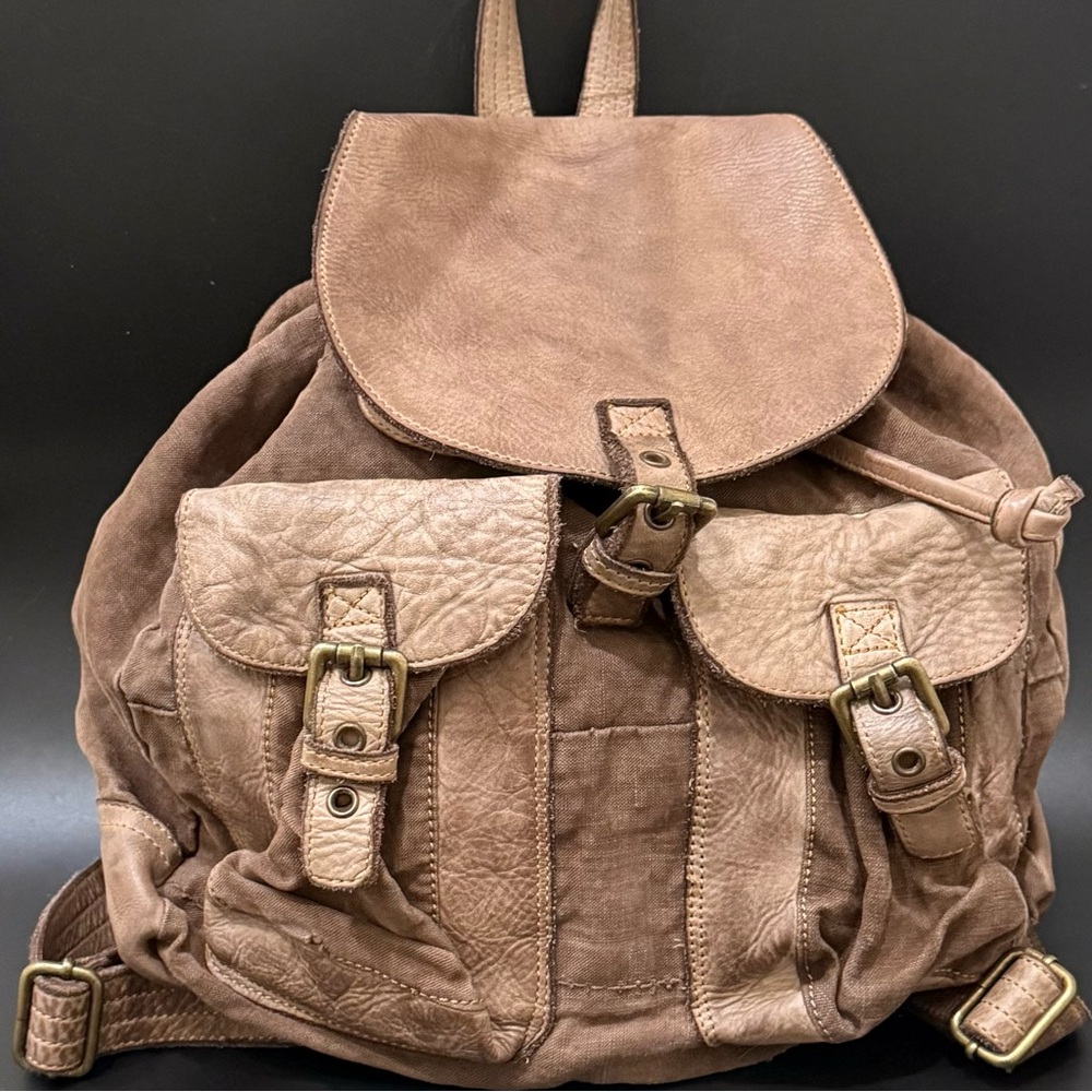 BAYSIDE Taupe Distressed Canvas & Leather Drawstring Slouchy Rucksack Backpack